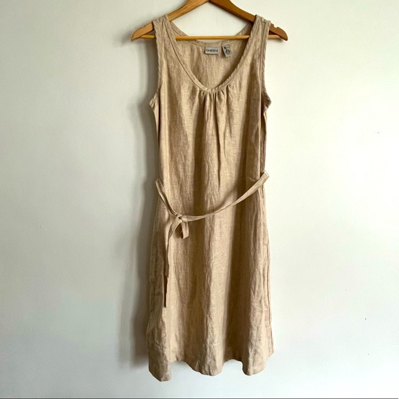 Chico’s Beige Linen Sleeveless Tie Waist Summer Dress with pockets - Picture 3 of 9